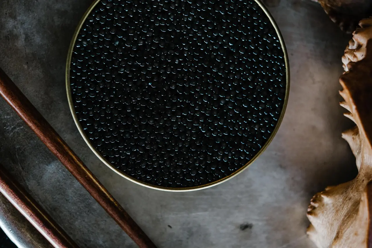 Black caviar in an open tin on a dark table